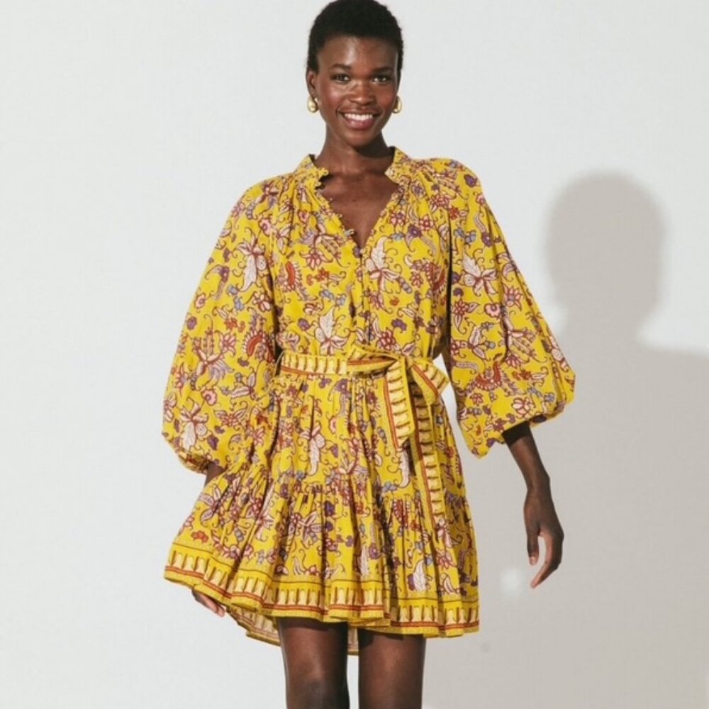 Cleobella Elvia Mini Dress Evora Print Yellow Floral Boho NWT Size M
